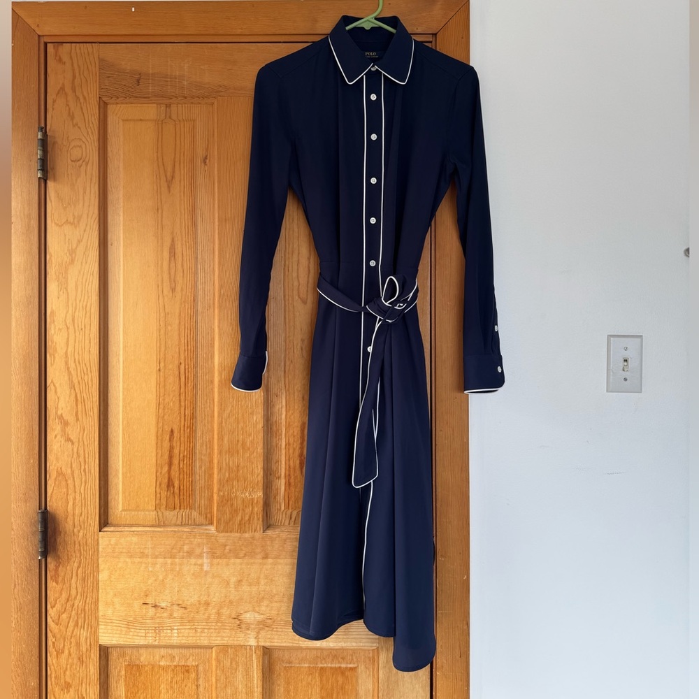 Polo Ralph Lauren Navy Blue Shirt Dress with White Piping